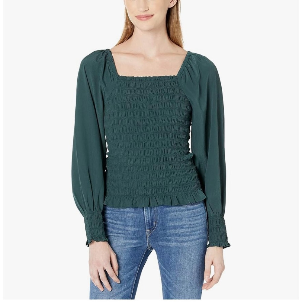 MADEWELL Womens Size-XL Lucie Bubble‎ Sleeve Smocked Top Dark Green $88